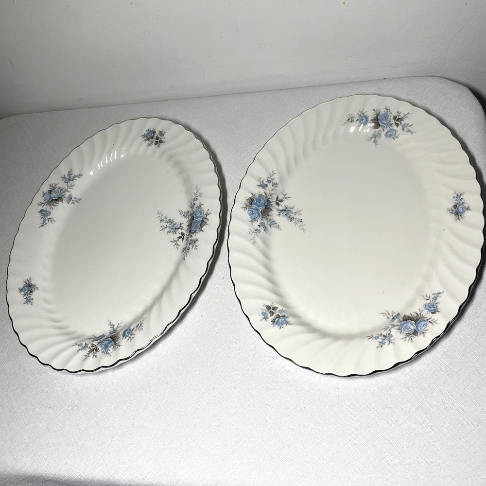 Vintage Johnson Brothers White and Blue Floral Oval Serving Plates. Ironstone